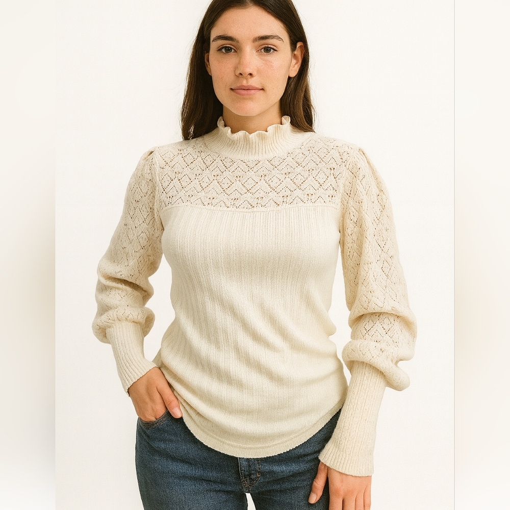 Free People Cream Lace Sleeve Top